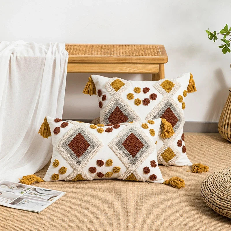 Boho Loop Tufted Cushion Cover – Handmade Cotton Canvas Pillow with Tassels & Embroidery