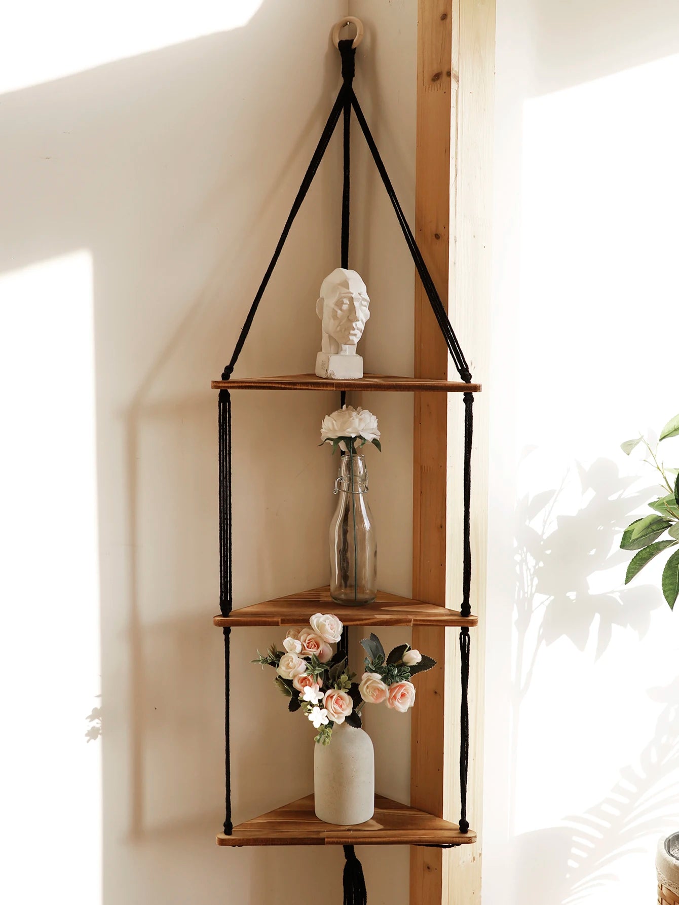 Boho Macrame Hanging Wooden Shelf – Handcrafted Floating Wall Shelf for Home Decor