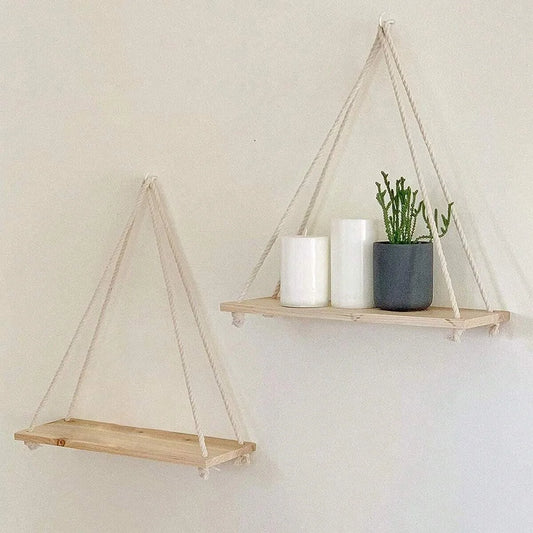 1Pc or 3Pcs Wooden Swing Hanging Hemp Rope Wall Shelf Mounted Floating Home Living Room Plant Flower Pot Tray Storage Garden Decoration Shelves Boho Home Decor Wall Art