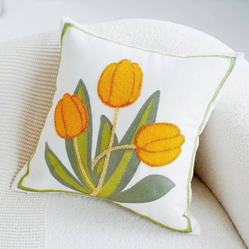 Decorative pillow with embroidered yellow tulips on a white background Nordic lily embroidered throw pillow cover in flannel fabric, floral square cushion case for sofa, bed, and boho home decor