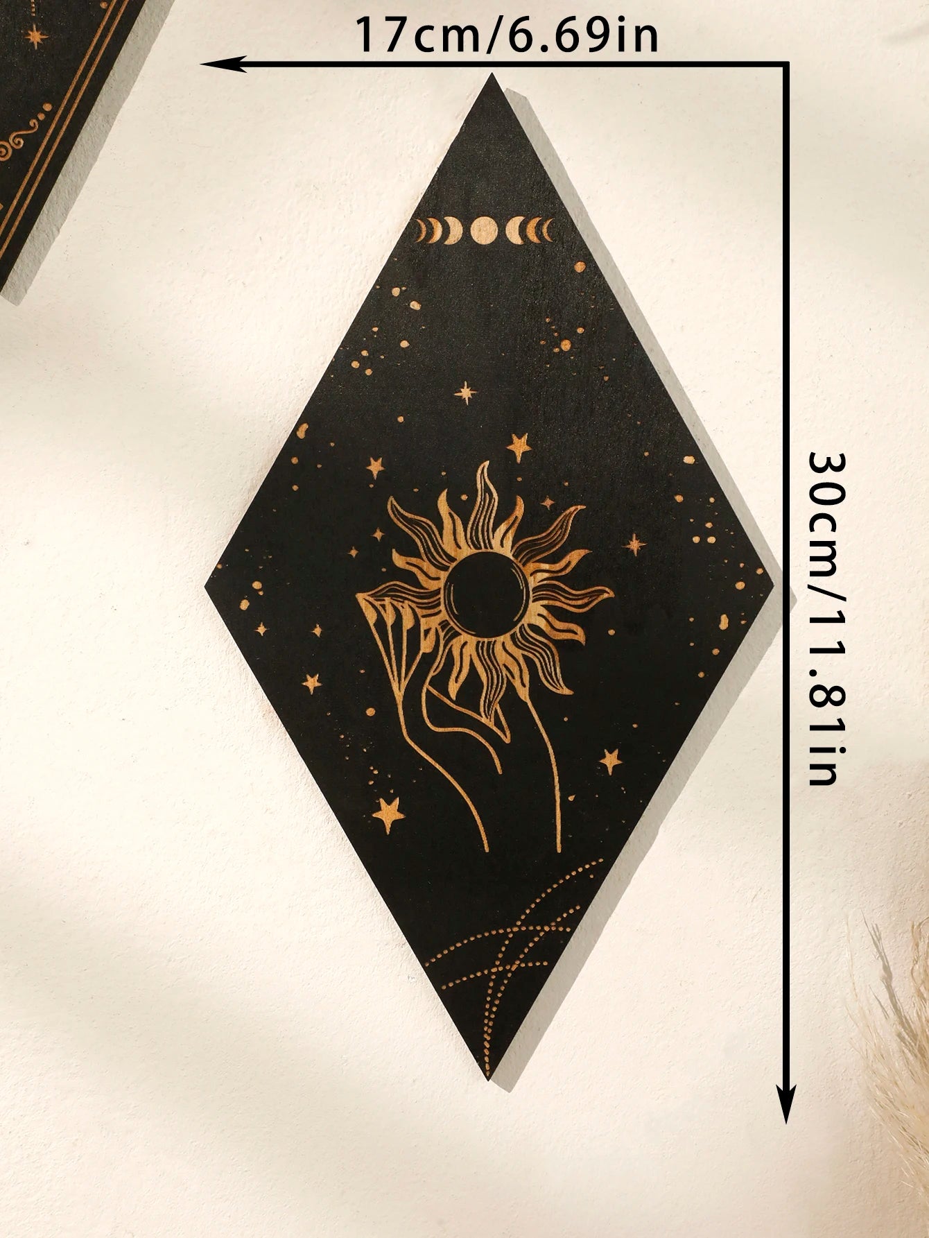 Black card with gold sun design and measurements on a white background boho home decor, wooden witchy wall hanging, moon phase wall art, gothic home decor, celestial wall pediment, snake wall hanging, sun and moon wall decor, spiritual home accents, mystical bedroom art, witchy housewarming gift
