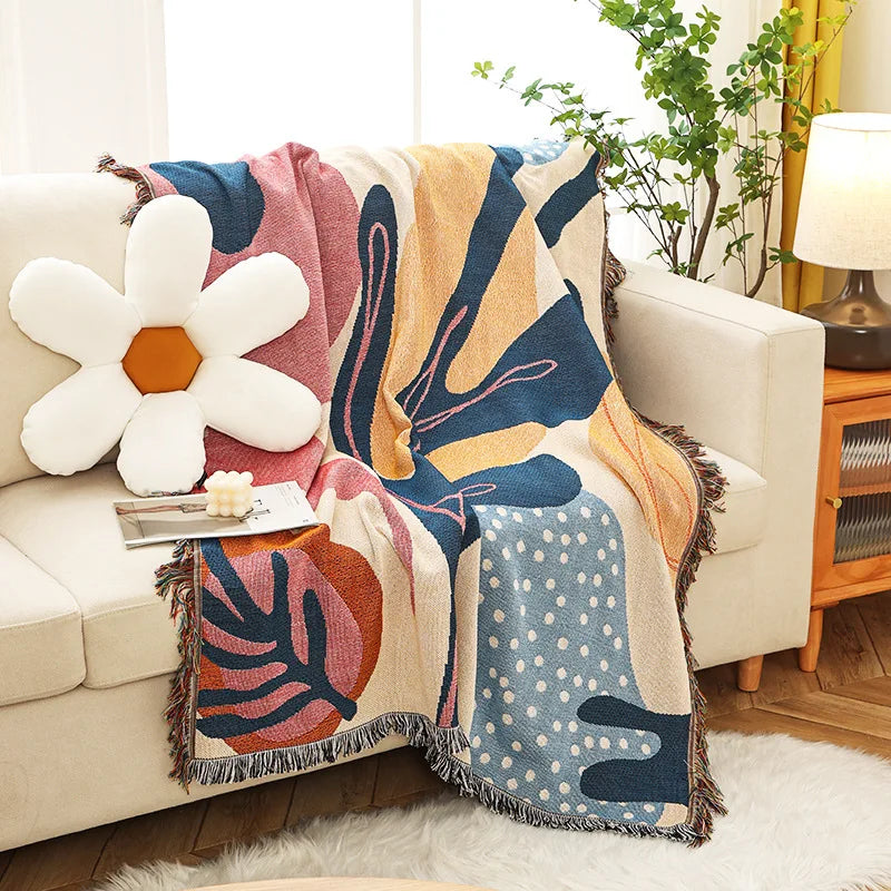 Boho Tassel Throw Blanket Abstract Leaves