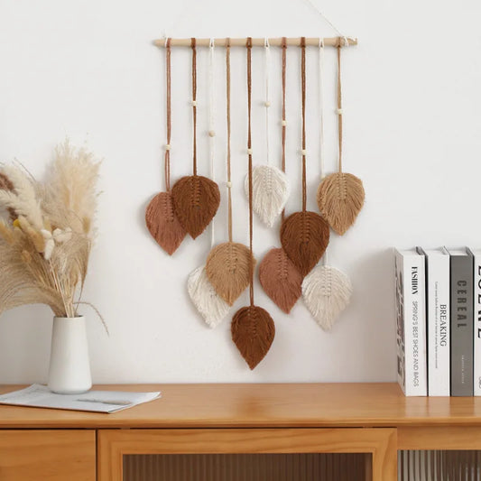 Boho Macrame Leaf Wall Hanging – Handwoven Tapestry with Beads