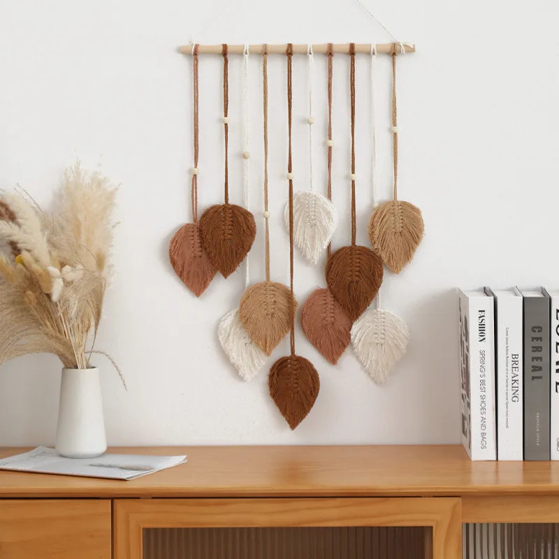 Boho Macrame Leaf Wall Hanging – Handwoven Tapestry with Wood Beads