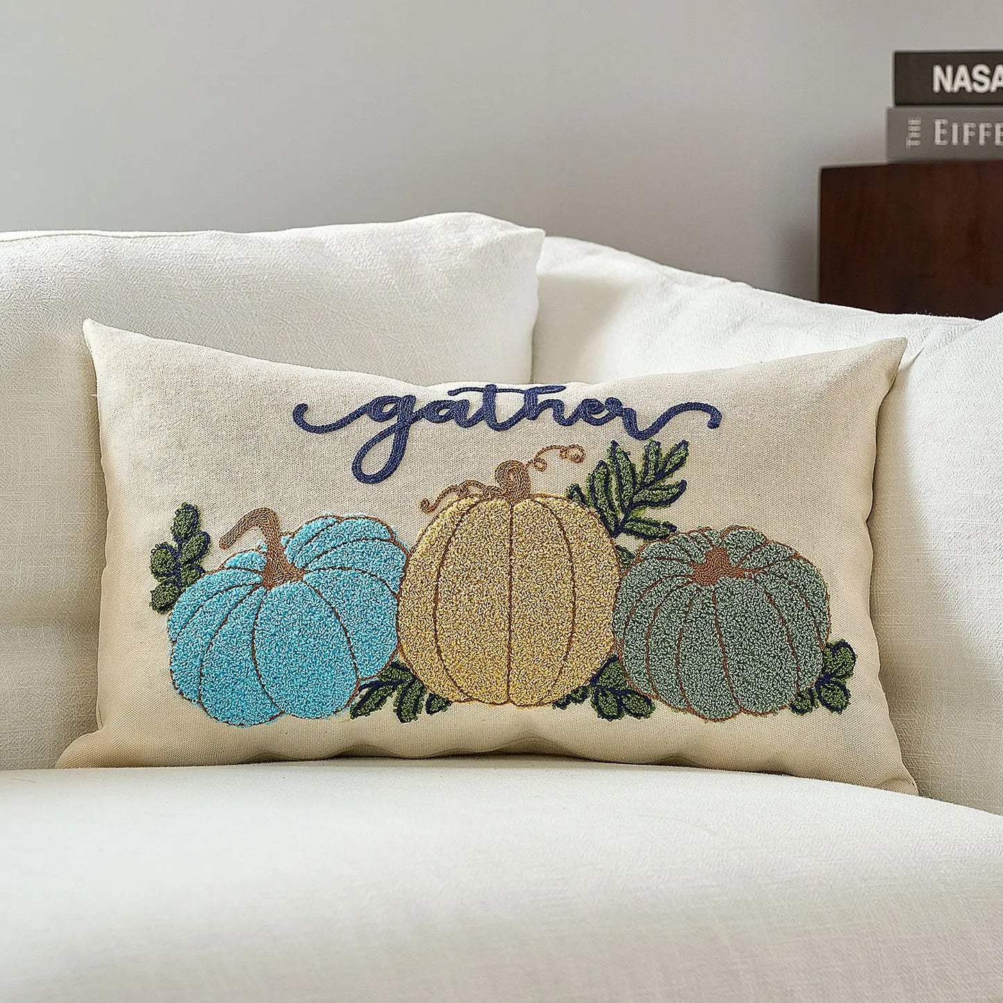 gather Halloween maple pumpkin throw pillow cover with festive lettering, autumn-themed decorative cushion for sofa, bed, and seasonal home decor