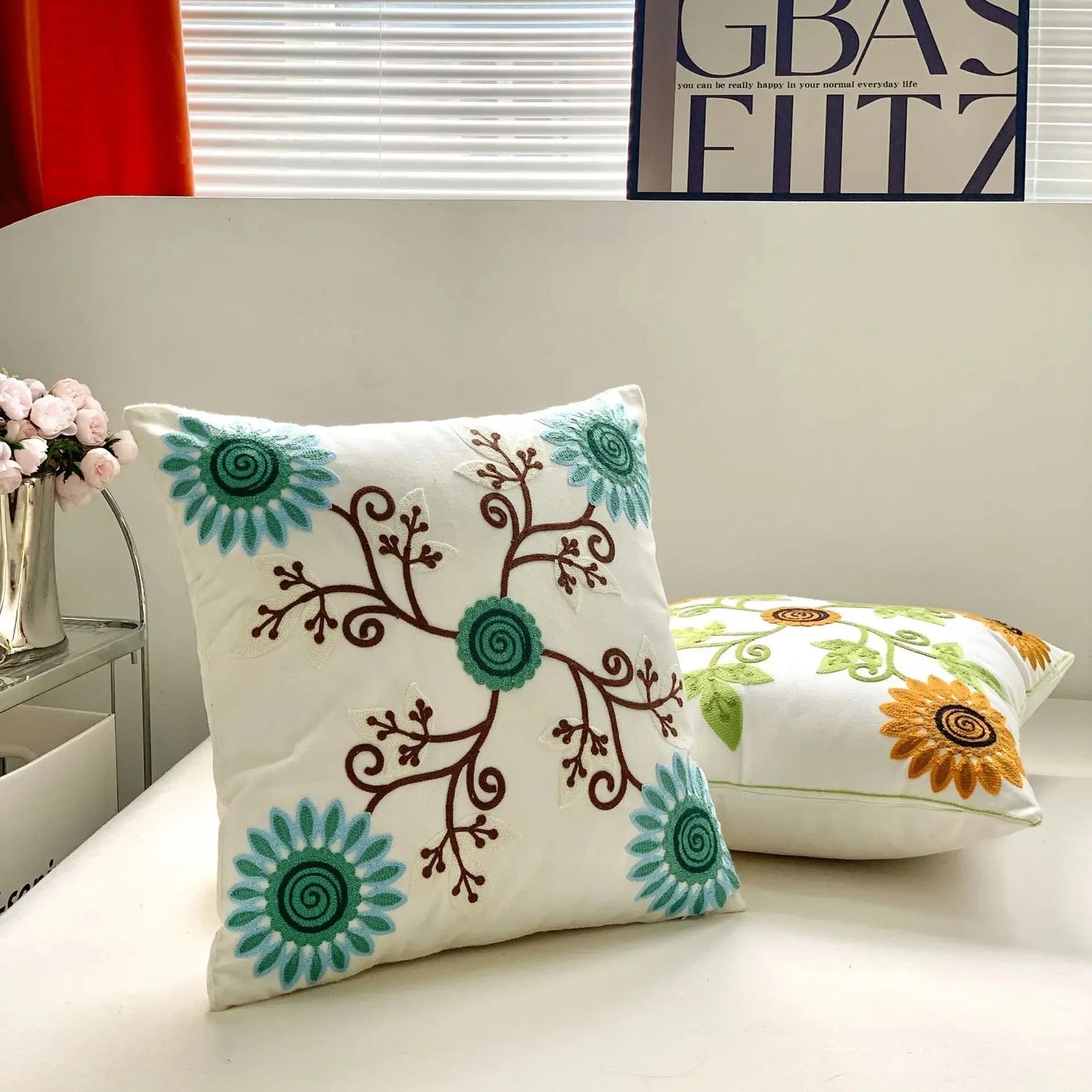 Flower Embroidered Plush Throw Pillow Cover – Minimalist Boho Cushion for Sofa, Bed, or Chair | 18x18 Inch | Garden-Inspired Housewarming Gift