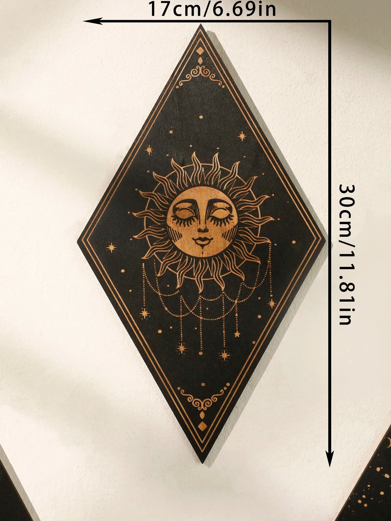 Decorative wall art with a sun design and measurements on a white background boho home decor, wooden witchy wall hanging, moon phase wall art, gothic home decor, celestial wall pediment, snake wall hanging, sun and moon wall decor, spiritual home accents, mystical bedroom art, witchy housewarming gift