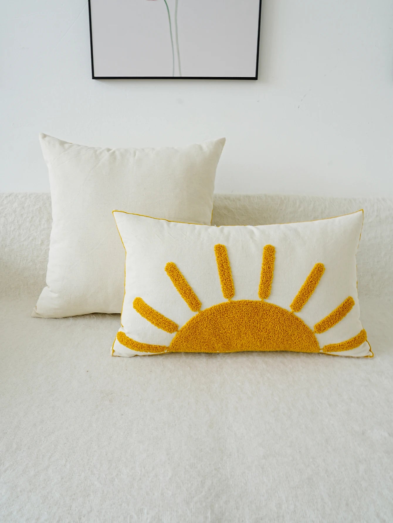 Boho Home Decor Yellow Sun Tufted Embroidered Pillowcase – Decorative Throw Pillow Cover For Living Room