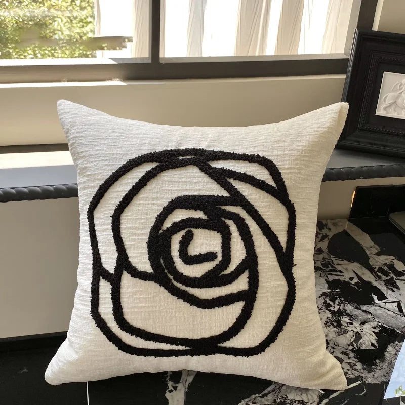 Black Rose Embroidered Cushion Cover β Nordic Chenille Pillowcase for Elegant Living Room Decor