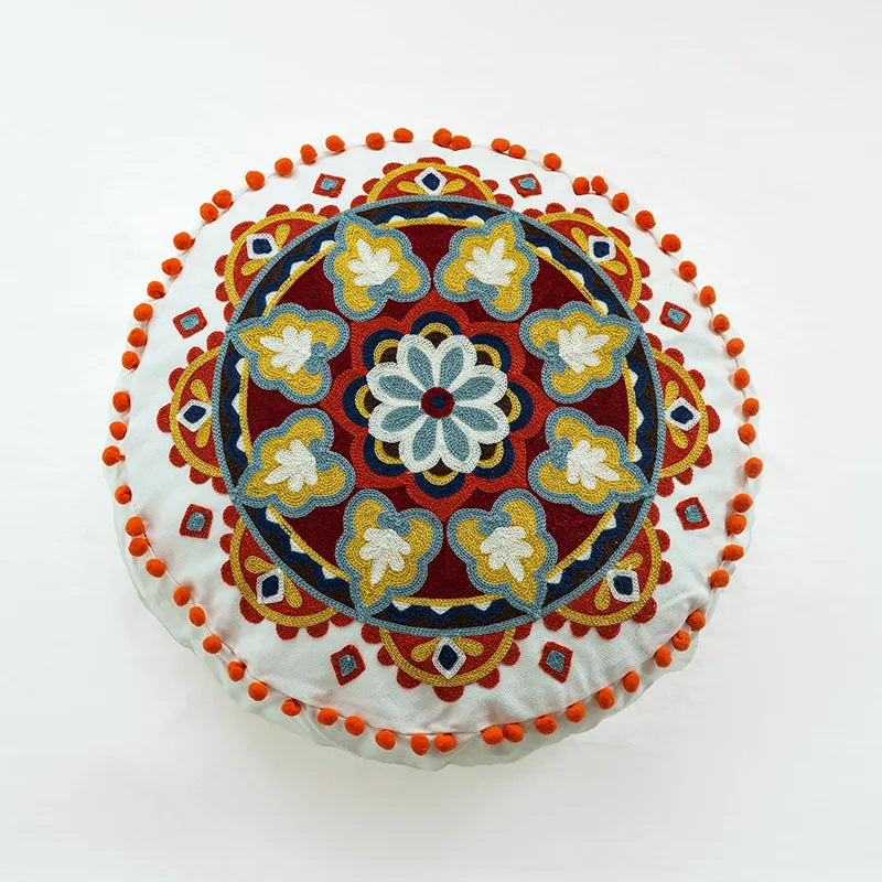 Boho Mandala Round Cushion Cover – Moroccan-Inspired Embroidered Throw Pillow Case for Boho Home Decor