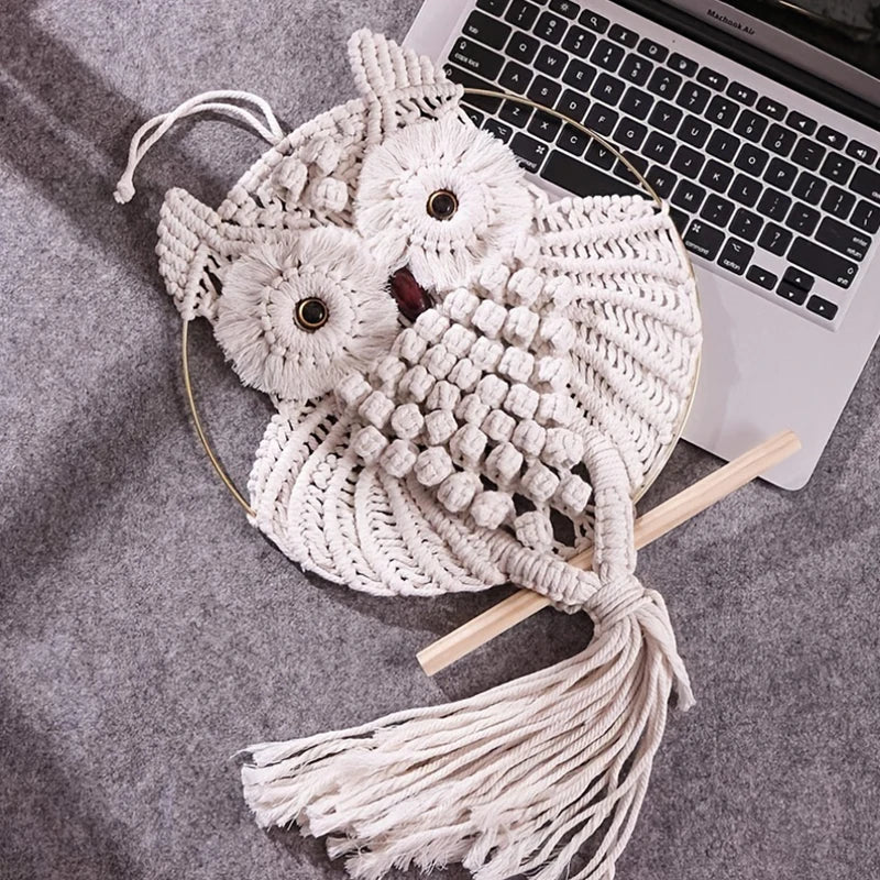 Boho Owl Macrame Wall Hanging – Cotton Woven Tapestry for Boho Home Decor | Handmade Owl Wall Art