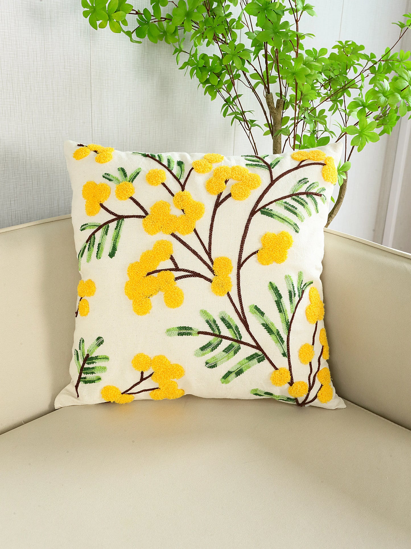 Embroidered Floral Throw Pillow Cover – Yellow Flowers Boho Home Decor for Couch, Bed & Chair
