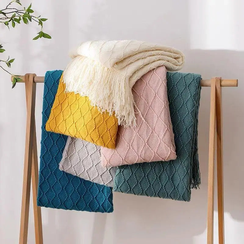 Soft Knit Boho Throw Blanket – Lightweight Acrylic Travel & Home Decor Accent with Fringe