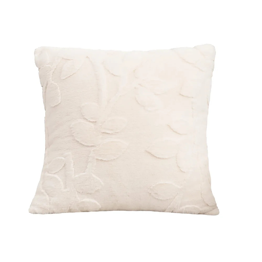 White textured pillow on a white background. Modern jacquard leaf throw pillow cover, woven floral decorative cushion for sofa, bed, or living room in neutral and soft tones.