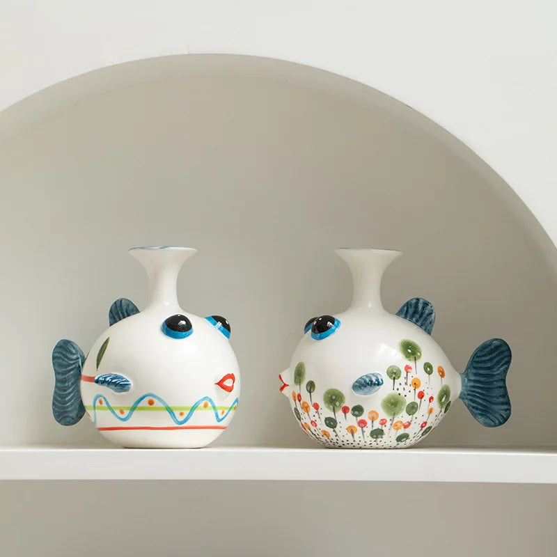 Hand-Painted Ceramic Fish Vase – Modern Boho Home Decor, Wavy Pattern, Colorful Cartoon Fish Flower Pot