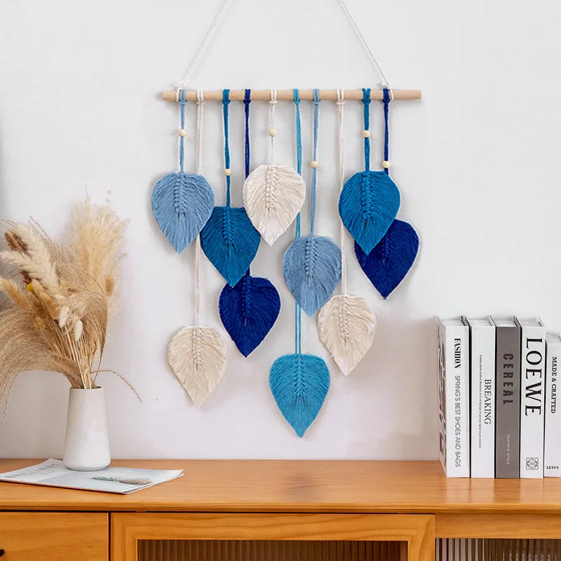 Boho Macrame Leaf Wall Hanging – Handwoven Tapestry with Wood Beads