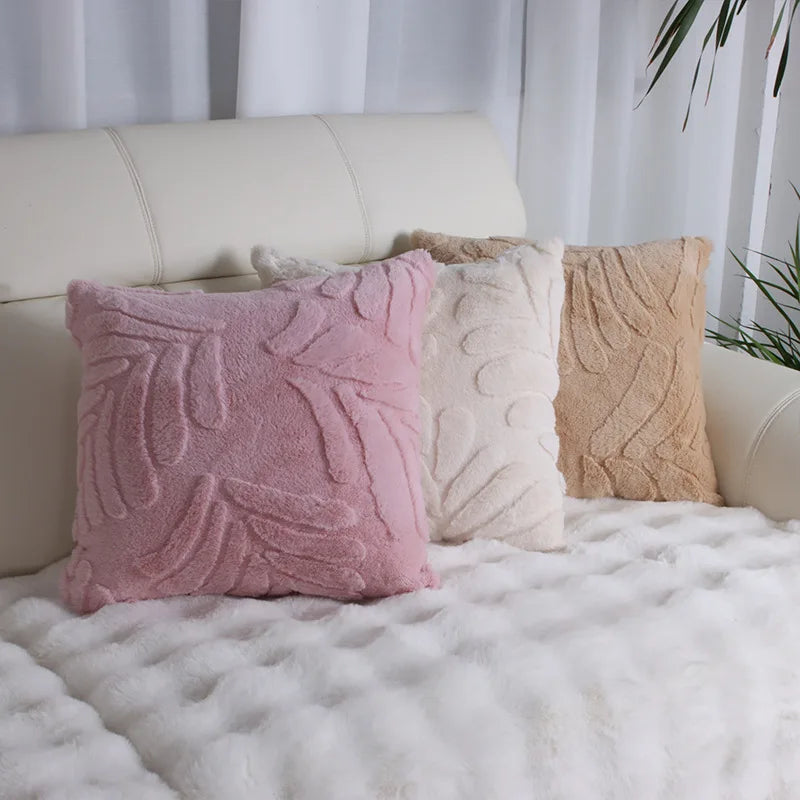 Faux Fur Jacquard Leaf Pillow Cover – Soft Accent Cushion