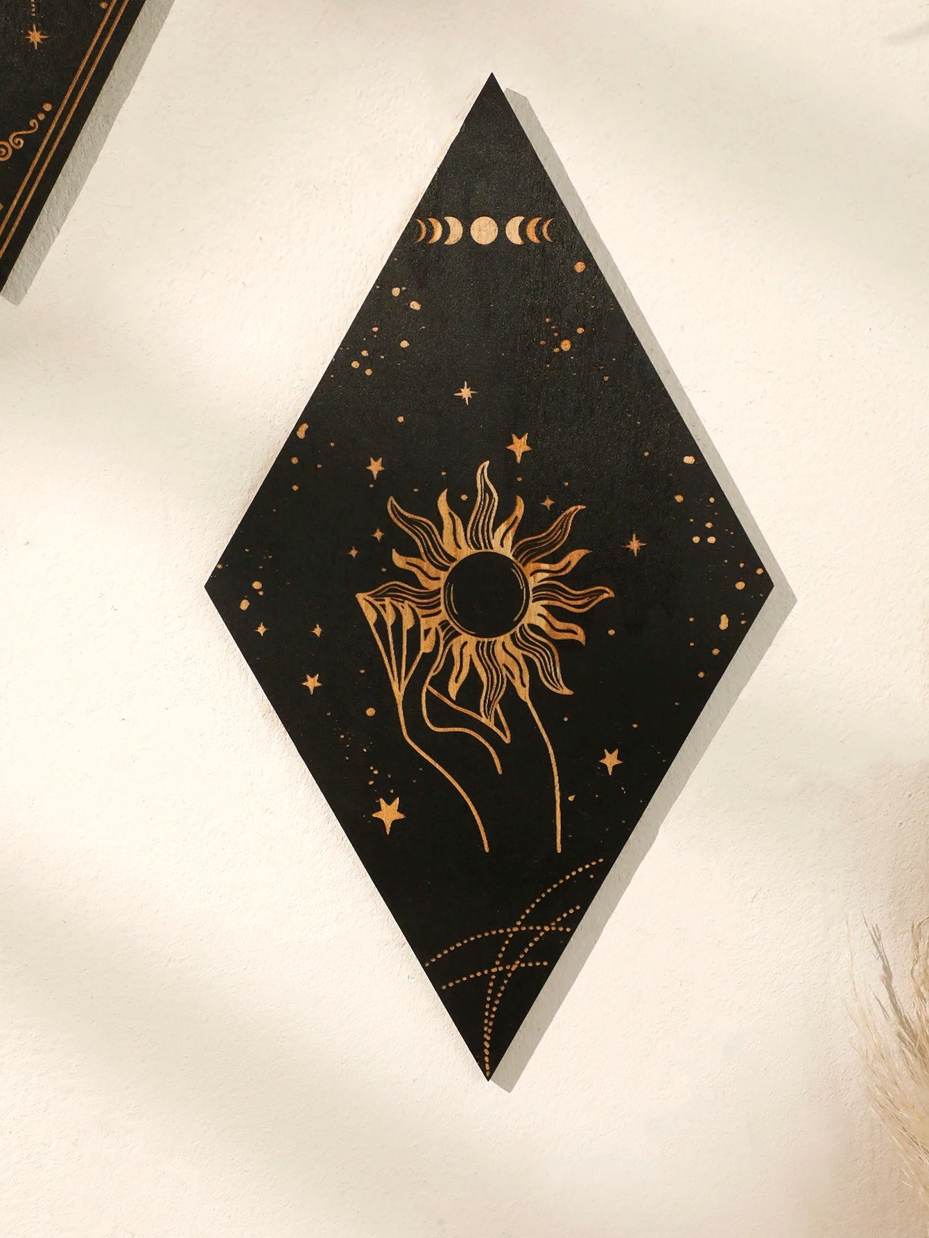 Decorative wall art with a sun and hand design on a black background boho home decor, wooden witchy wall hanging, moon phase wall art, gothic home decor, celestial wall pediment, snake wall hanging, sun and moon wall decor, spiritual home accents, mystical bedroom art, witchy housewarming gift