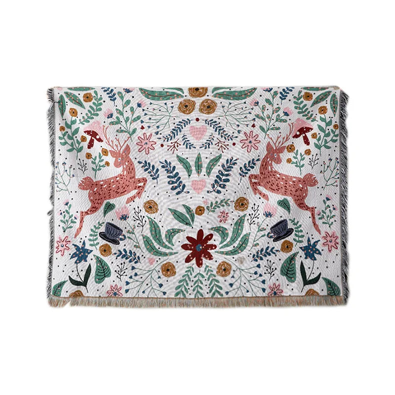 Blanket with deer and floral pattern on a white background. Deer forest jacquard woven blanket with floral and woodland tapestry design – boho throw for sofa or bed, soft cotton blend decorative bedspread for cozy home décor.