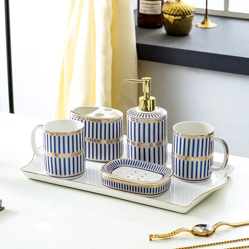 Ivory Porcelain & Gold-Plated Ceramic Bathroom Set – Black