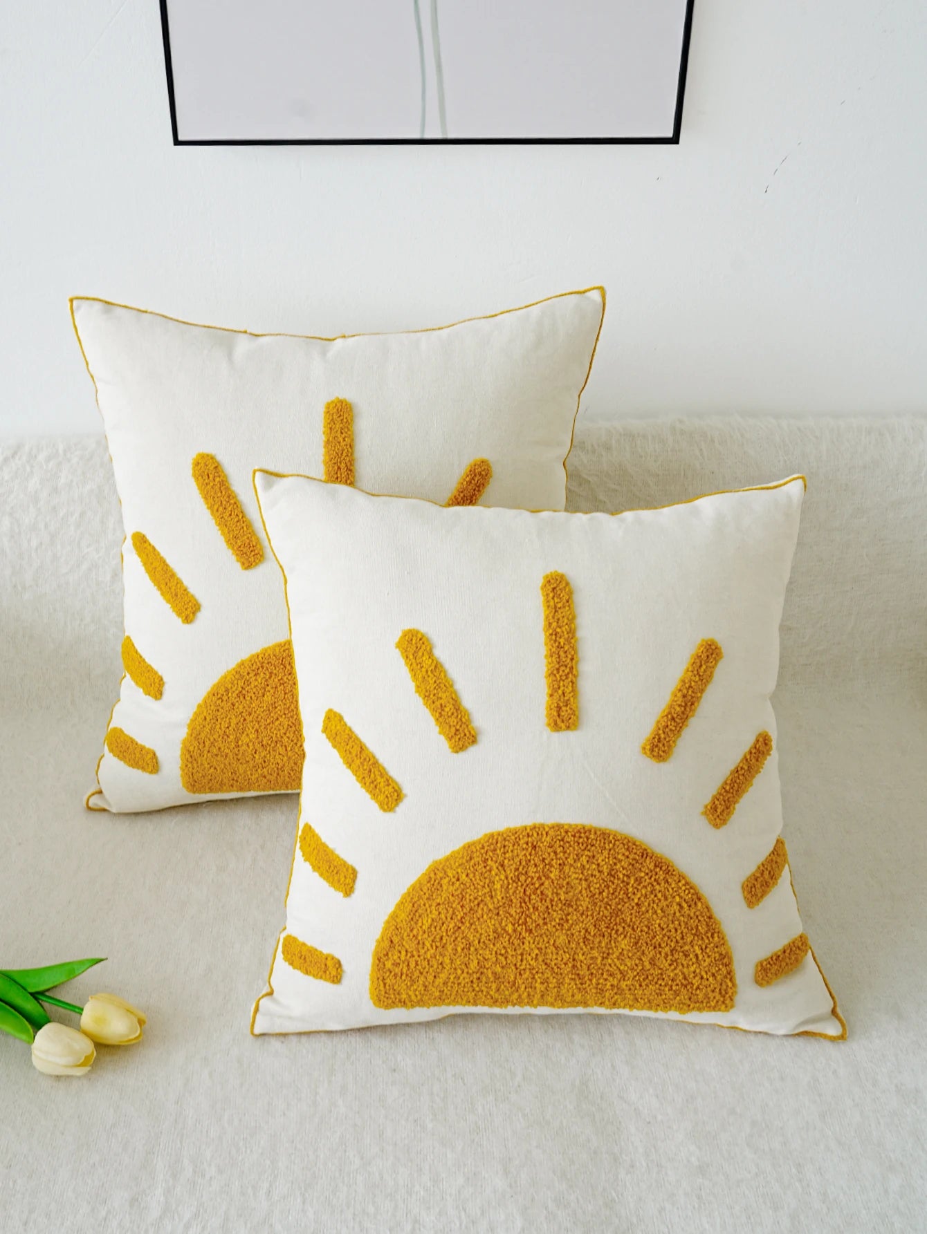 Boho Home Decor Yellow Sun Tufted Embroidered Pillowcase – Decorative Throw Pillow Cover For Living Room