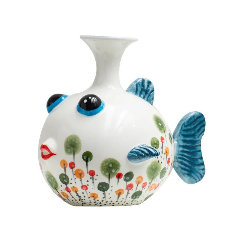 Hand-Painted Ceramic Fish Vase – Modern Boho Home Decor, Wavy Pattern, Colorful Cartoon Fish Flower Pot