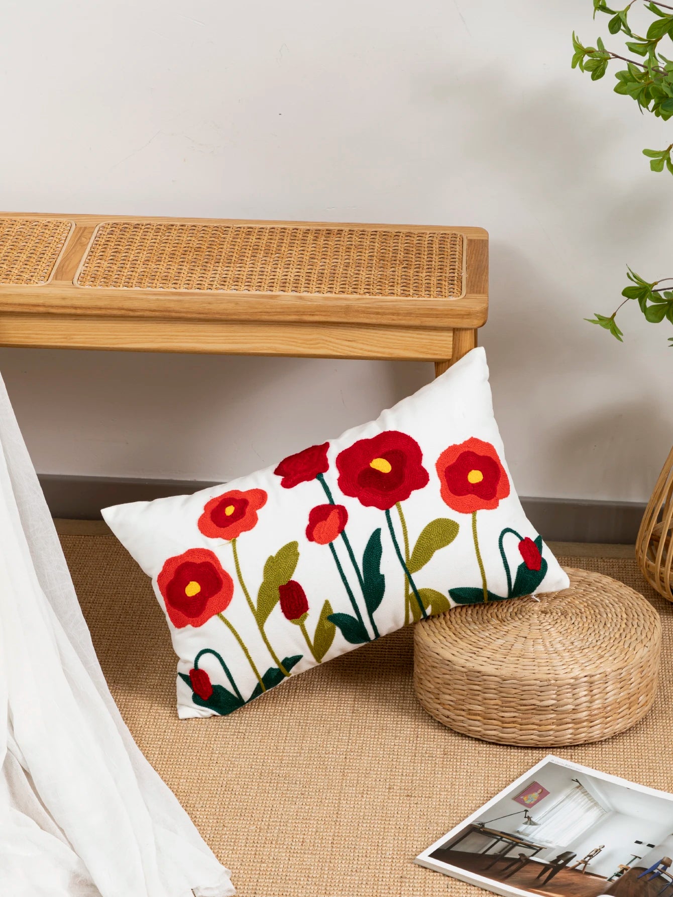 Poppy Flower Pillow Cover – Cotton Sail Fabric Cushion Cover | Modern Boho Home Decor | Housewarming Gift