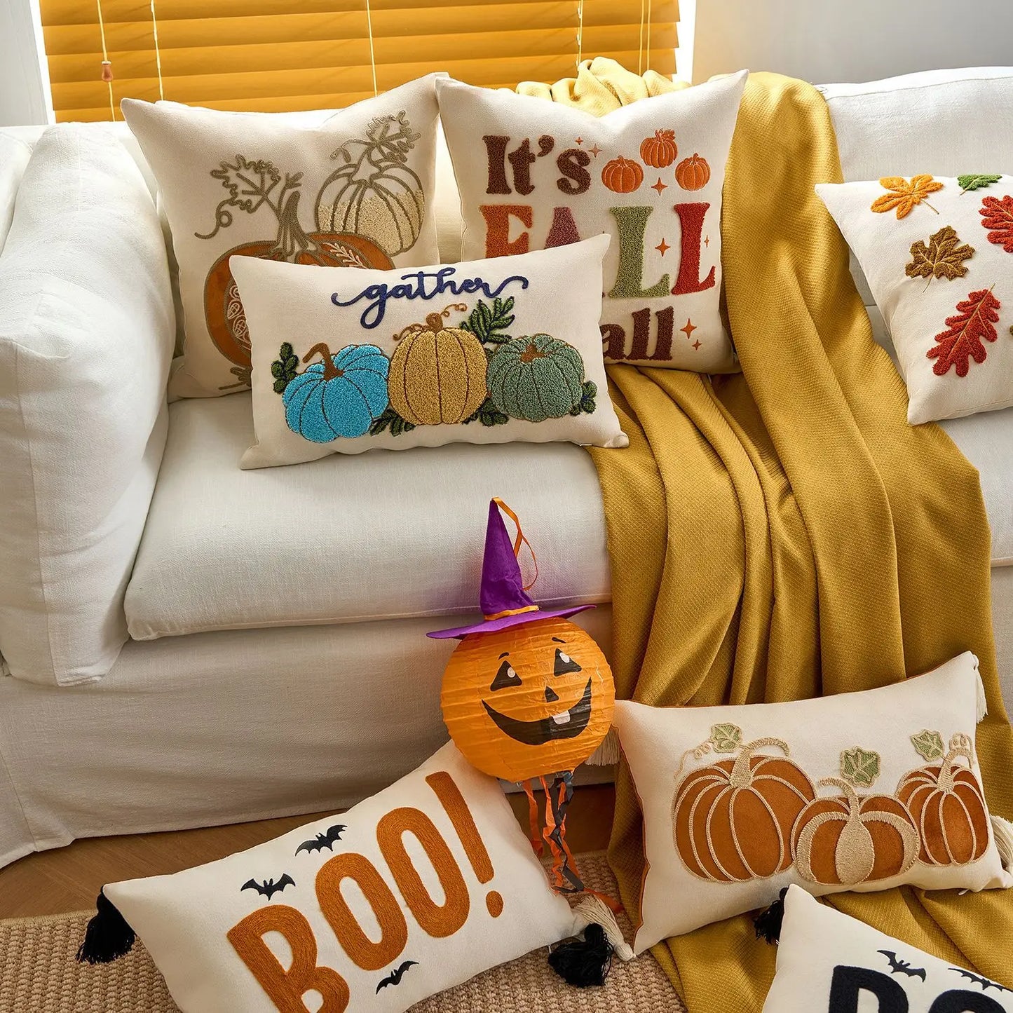 Halloween maple pumpkin throw pillow cover with festive lettering, autumn-themed decorative cushion for sofa, bed, and seasonal home decor