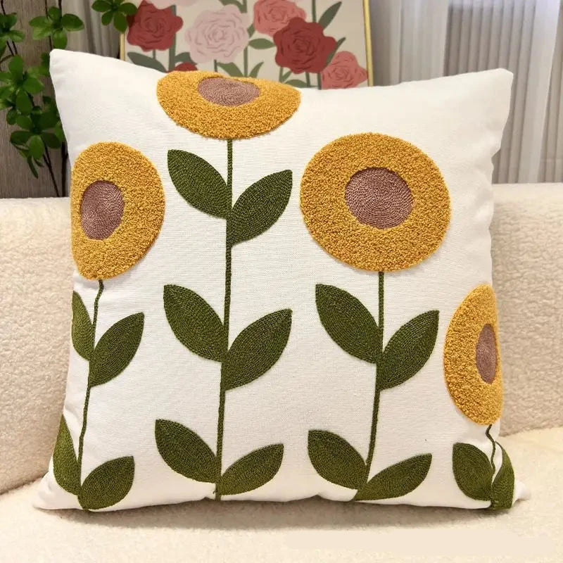 Canvas Floral Embroidered Cushion Cover Cotton Countryside Pillow Case for Living Room Luxury Home Decor Boho Flowers