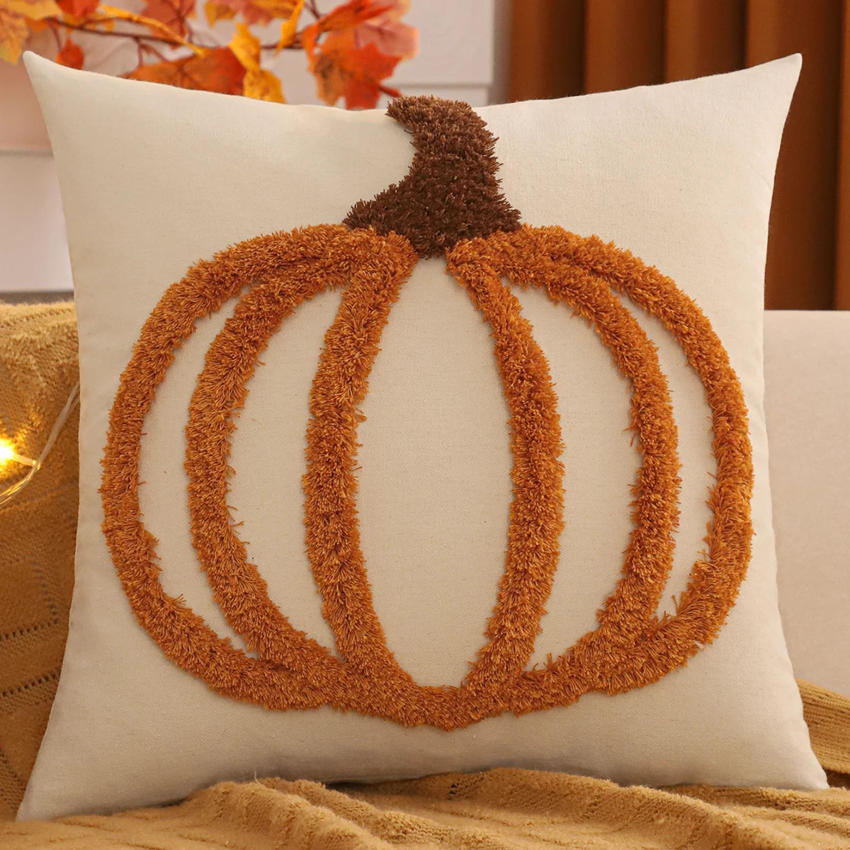 Halloween tufted pumpkin pillow cover, 18x18 inch square cushion case, festive fall and Thanksgiving decorative pillow for sofa, bed, or living room