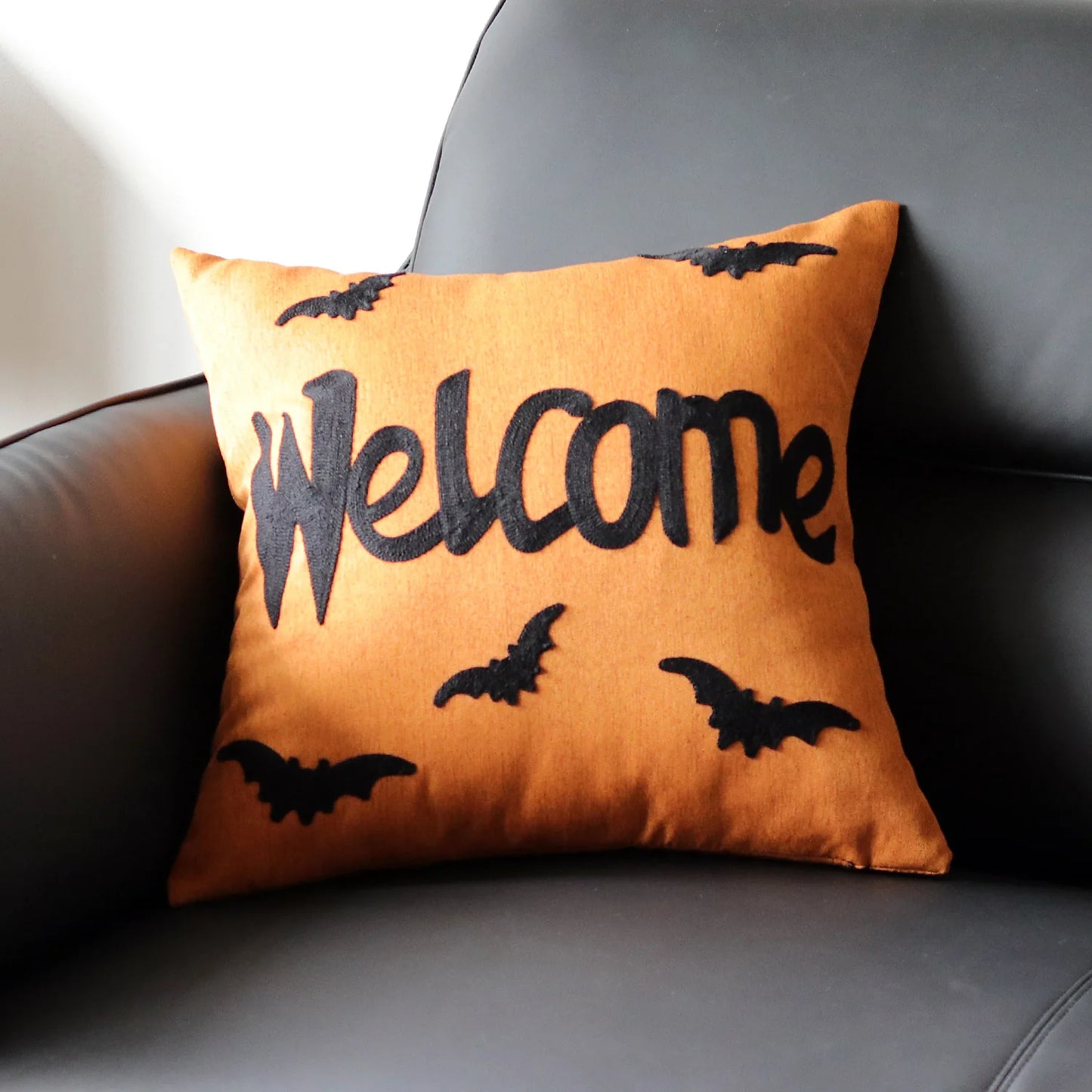 Welcome Halloween maple pumpkin throw pillow cover with festive lettering, autumn-themed decorative cushion for sofa, bed, and seasonal home decor