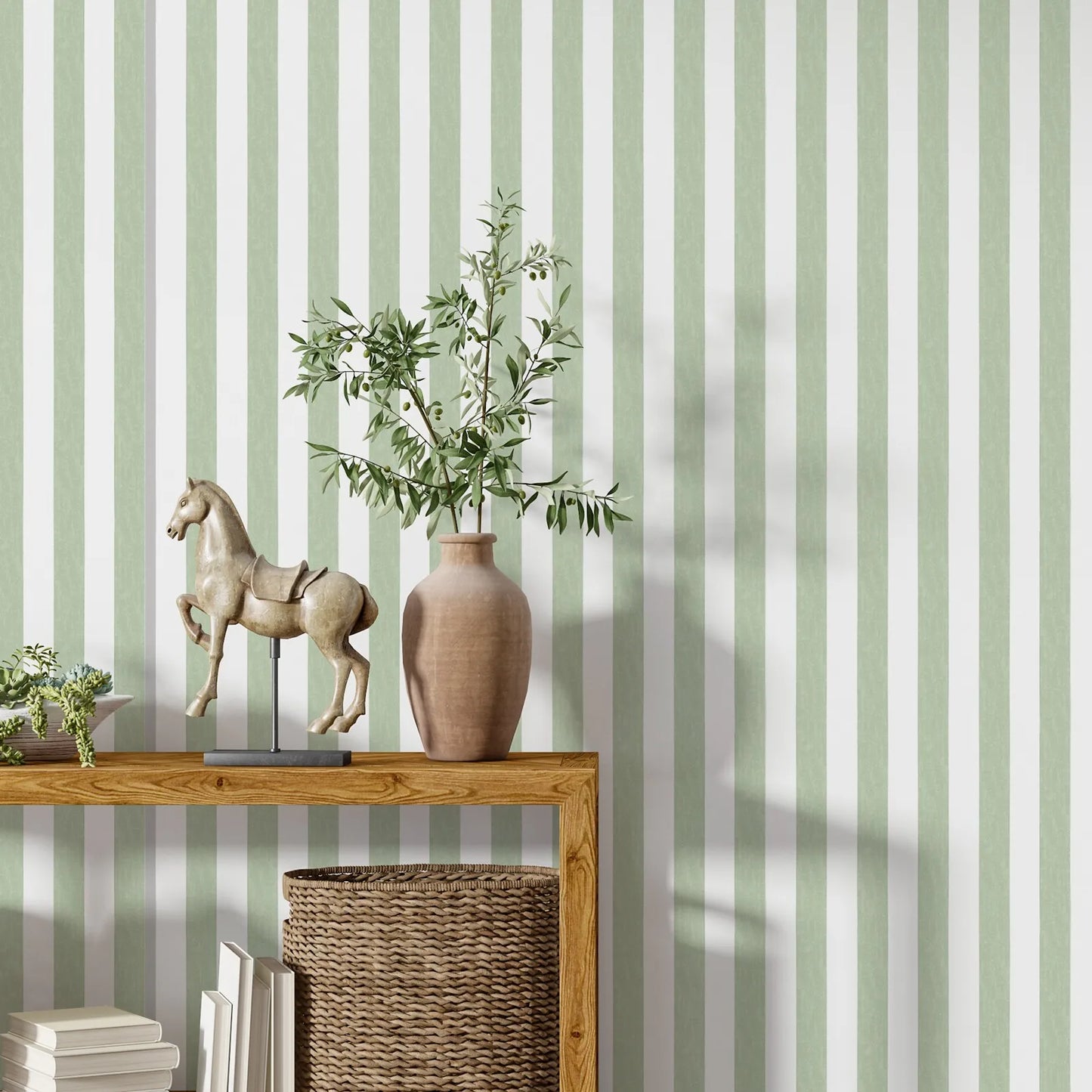 Modern Green & White Striped Wallpaper – Peel and Stick, Waterproof Wall Mural