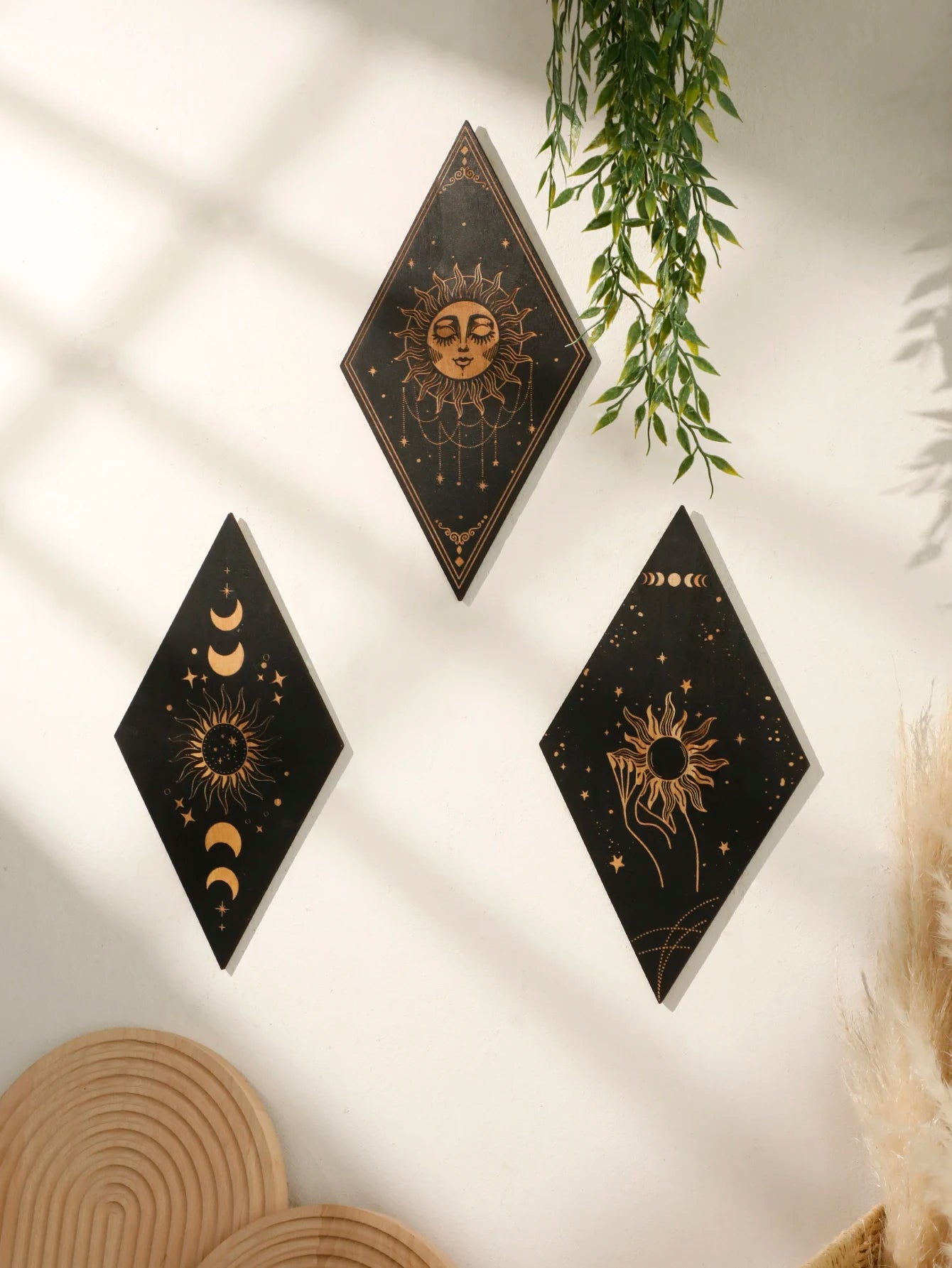 Decorative wall art pieces with celestial designs on a light background boho home decor, wooden witchy wall hanging, moon phase wall art, gothic home decor, celestial wall pediment, snake wall hanging, sun and moon wall decor, spiritual home accents, mystical bedroom art, witchy housewarming gift