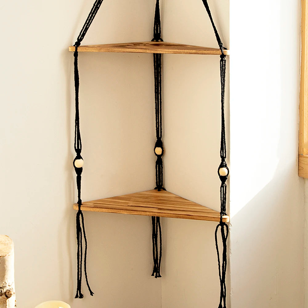 Boho Macrame Hanging Wooden Shelf – Handcrafted Floating Wall Shelf for Home Decor