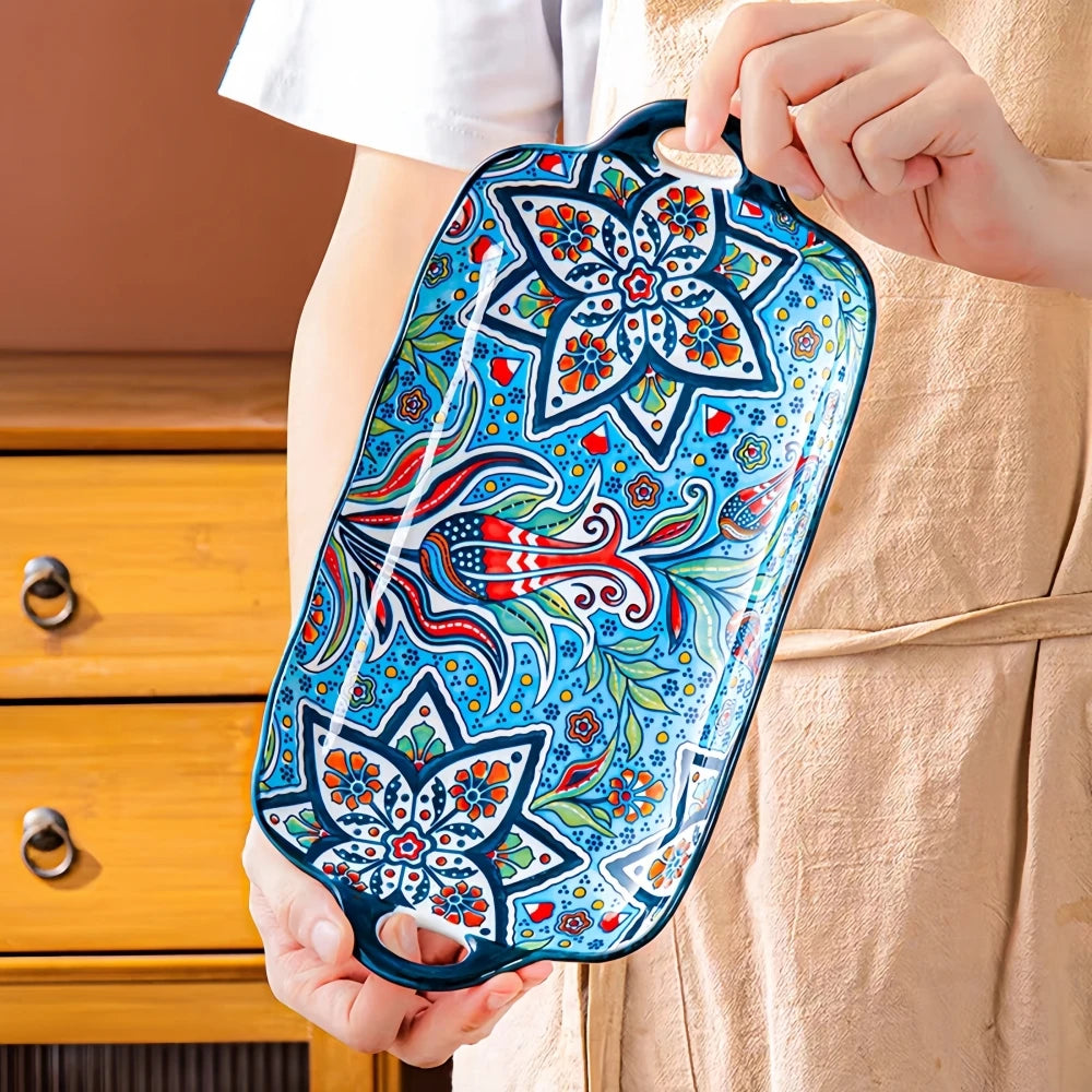 Boho Ceramic Fish Dish with Handle – Rectangular Serving Tray for Oven & Microwave
