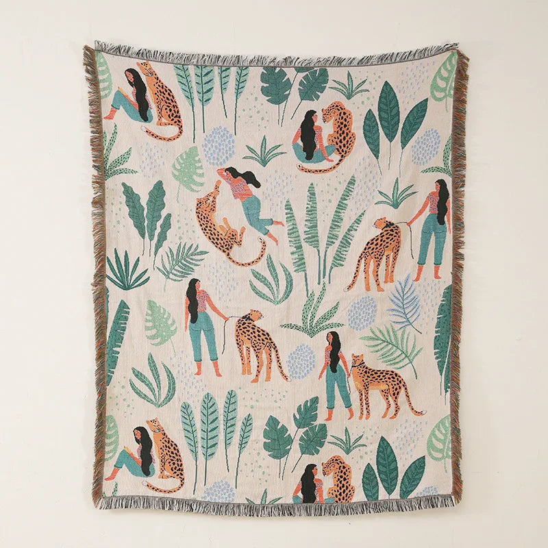Decorative blanket with jungle-themed design featuring people and leopards. Boho Home Decor.