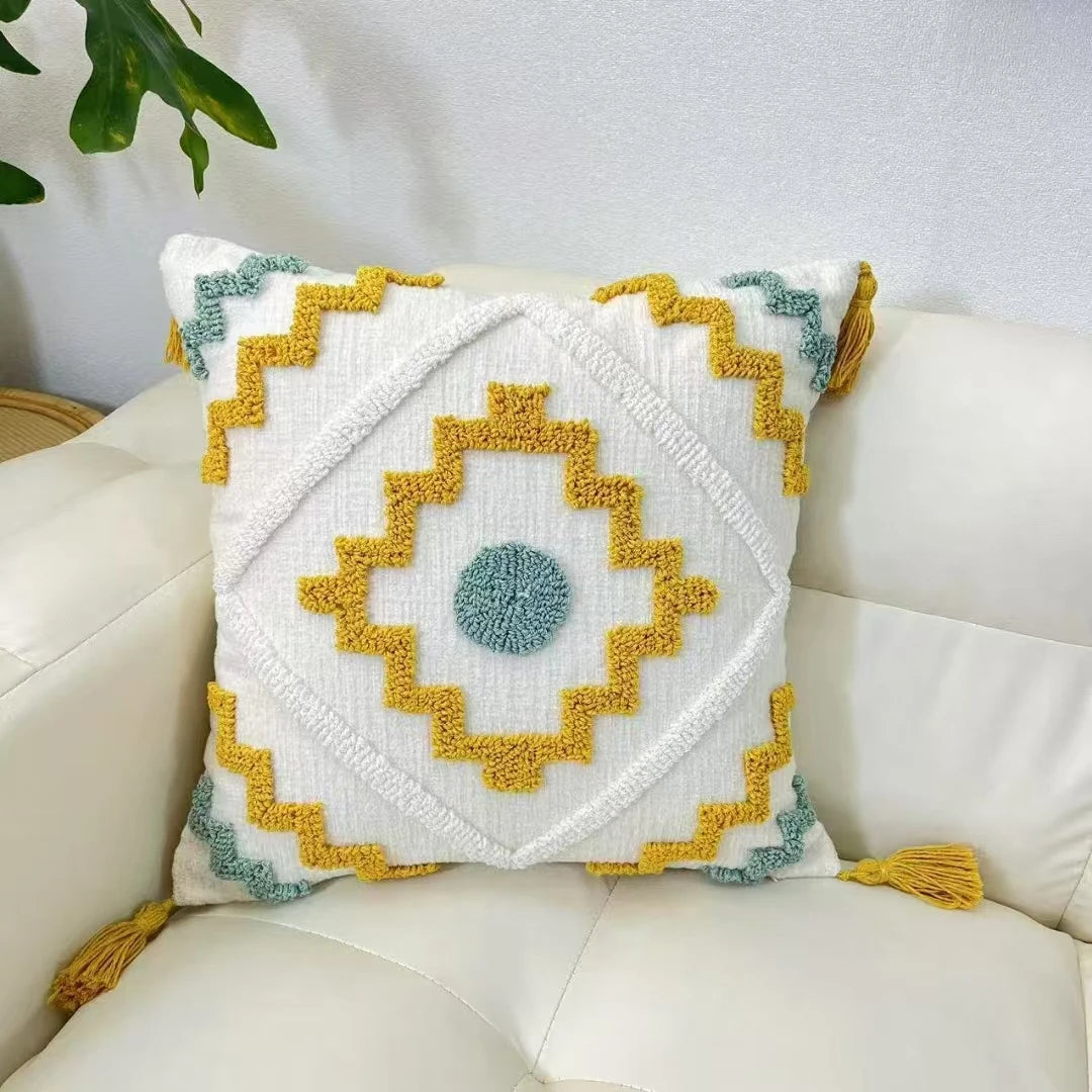 Decorative pillow with geometric pattern on a white couch boho home decor, housewarming gift, chenille pillow cover, geometric cushion case, Nordic pillowcase, velvet throw pillow, sofa cushion, bedroom pillow cover, modern jacquard cushion, decorative car pillow, textured home decor, looped velvet pillow