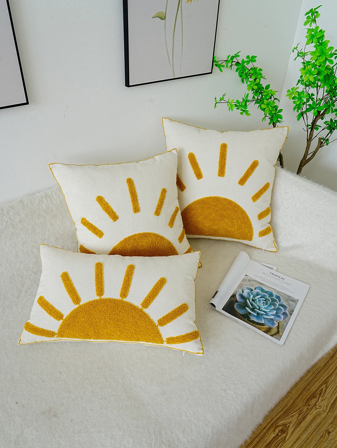 Boho Home Decor Yellow Sun Tufted Embroidered Pillowcase – Decorative Throw Pillow Cover For Living Room