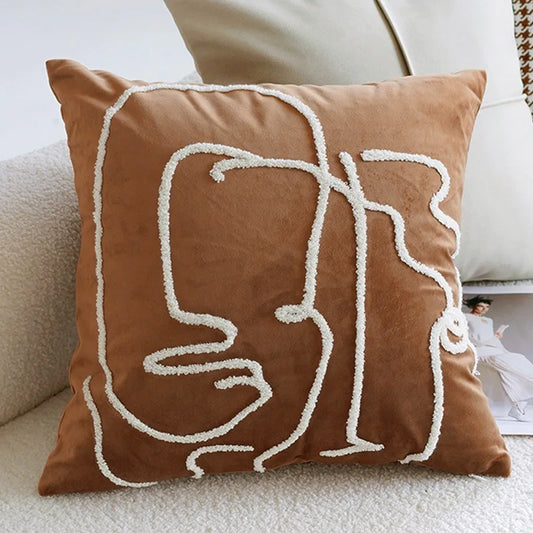 Vintage Nordic Tufted Throw Pillow Cover – Rust Fuzzy Squiggles for Boho Home