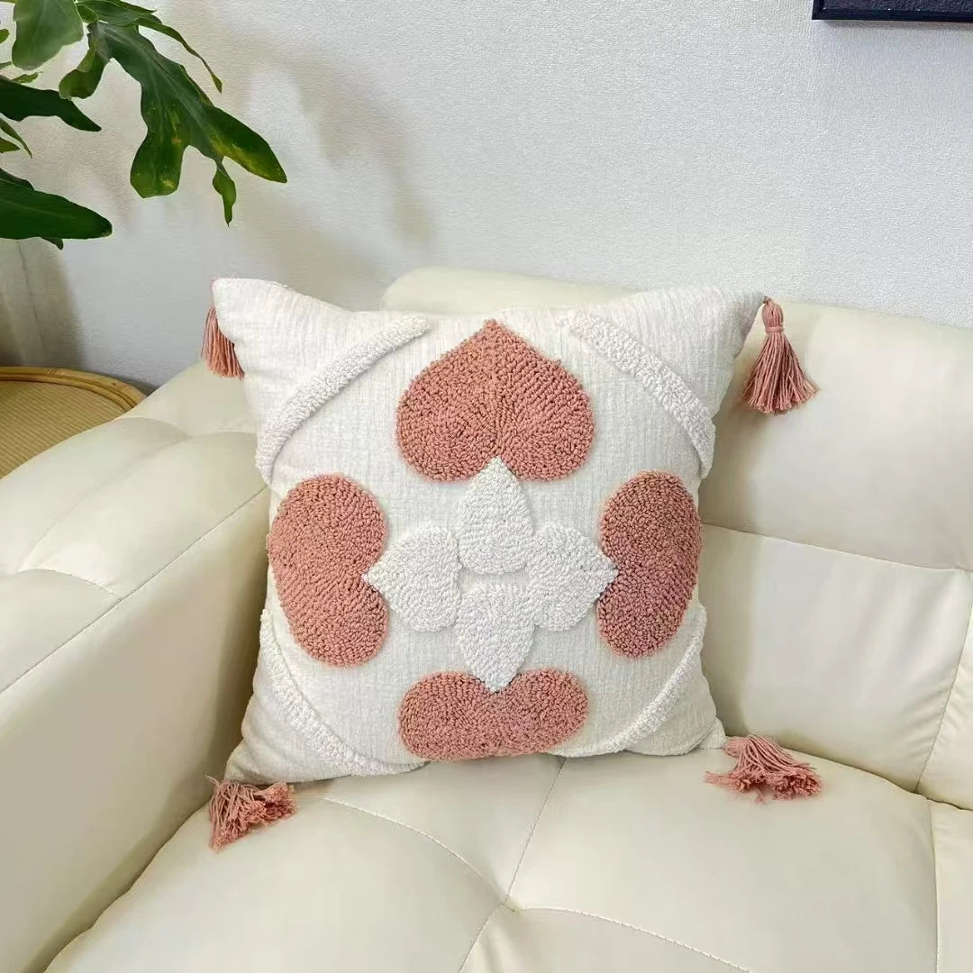 Decorative pillow with pink floral pattern on a white sofa boho home decor, housewarming gift, chenille pillow cover, geometric cushion case, Nordic pillowcase, velvet throw pillow, sofa cushion, bedroom pillow cover, modern jacquard cushion, decorative car pillow, textured home decor, looped velvet pillow