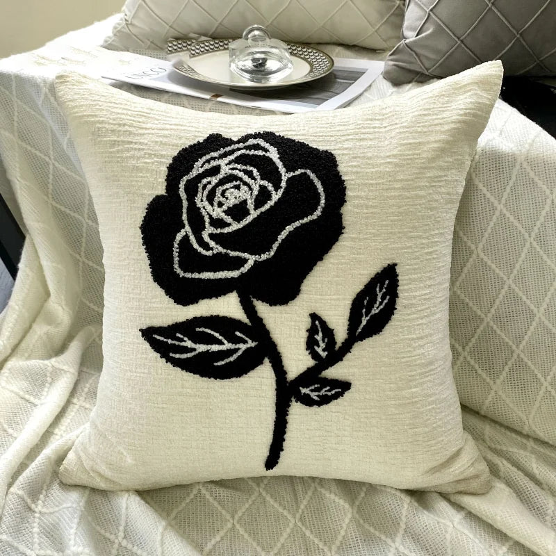 Black Rose Embroidered Cushion Cover β Nordic Chenille Pillowcase for Elegant Living Room Decor