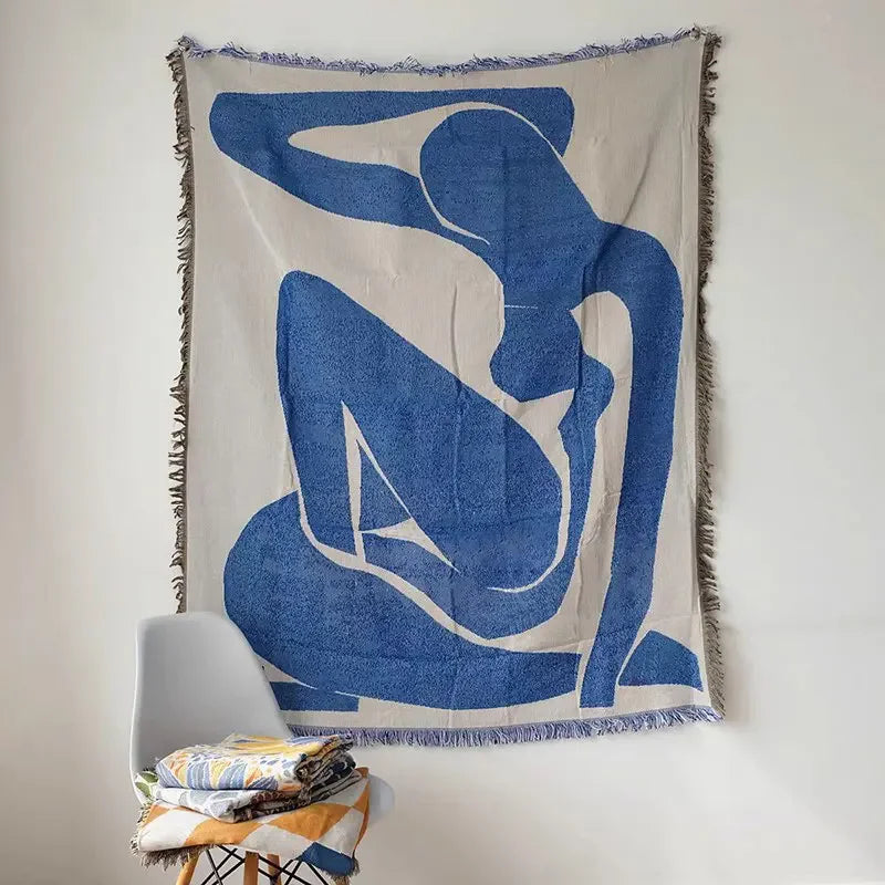 🌿 Blue Leaf Embroidered Throw Blanket – Boho Home Decor with Tassels | Sofa Blanket, Tapestry, Wall Hanging & Housewarming Gift