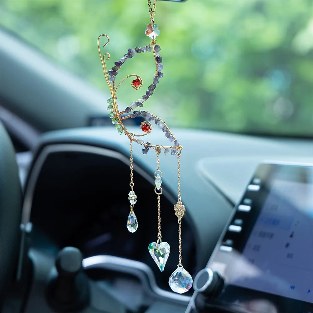 Decorative car hanging butterfly with gemstones inside a car boho home decor, crystal wind chime, sun catcher for windows, moon prism chime, agate stone hanging, garden art decor, patio hanging decoration, boho housewarming gift, spiritual gift, crystal suncatcher, balcony decor, meditation decor, handmade crystal chime