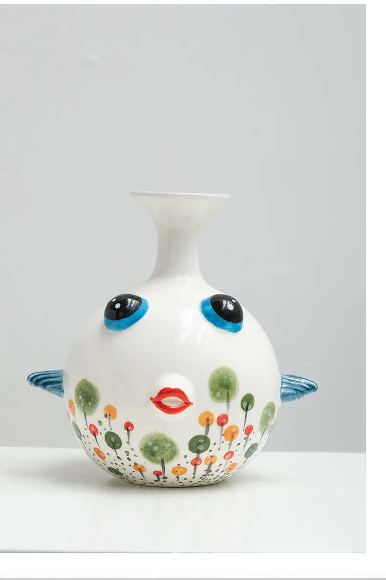 Hand-Painted Ceramic Fish Vase – Modern Boho Home Decor, Wavy Pattern, Colorful Cartoon Fish Flower Pot