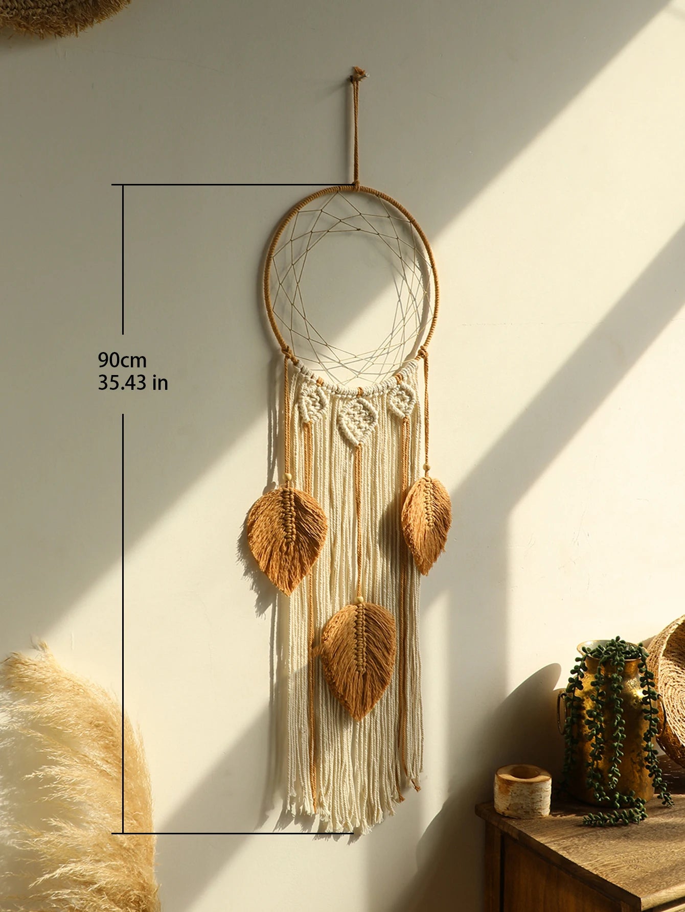 Boho Macrame Dream Catcher with Leaf Design – Handmade Tapestry Wall Hanging for Bedroom Decor