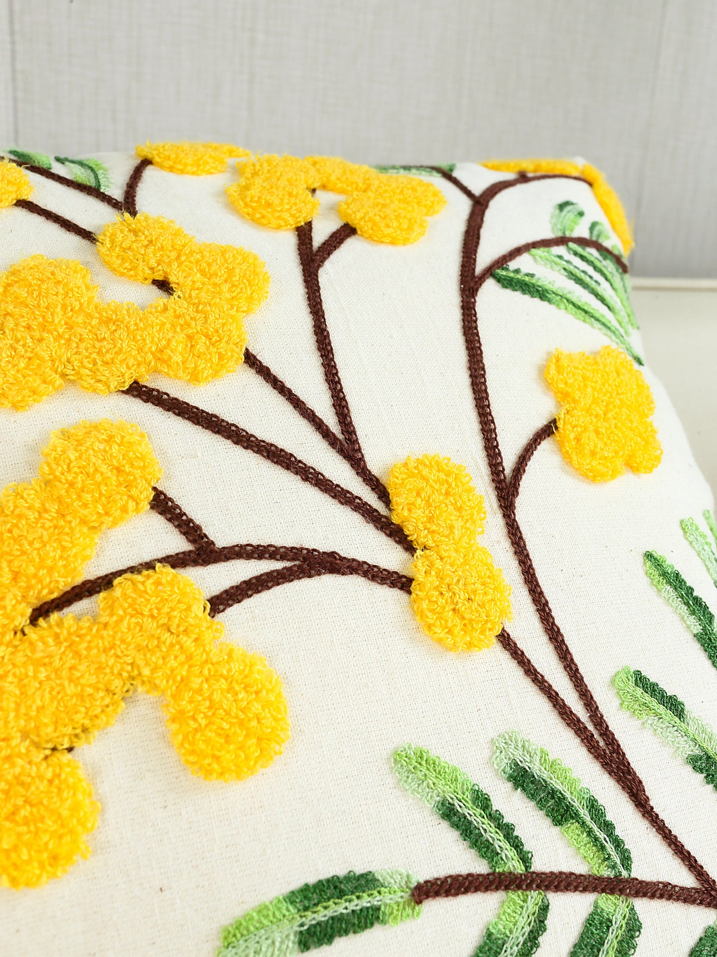 Embroidered Floral Throw Pillow Cover – Yellow Flowers Boho Home Decor for Couch, Bed & Chair