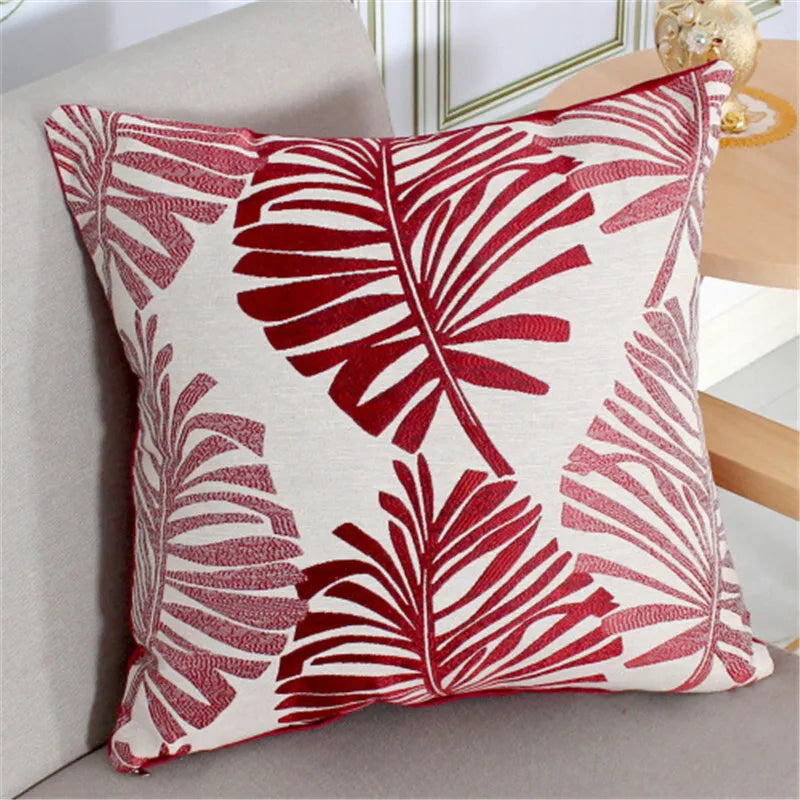 Red Bay Leaf Cushion Cover – Square Decorative Throw Pillow Case for Boho Home Decor