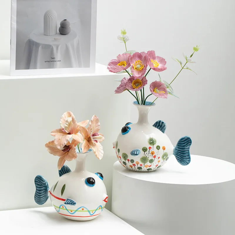 Hand-Painted Ceramic Fish Vase – Modern Boho Home Decor, Wavy Pattern, Colorful Cartoon Fish Flower Pot