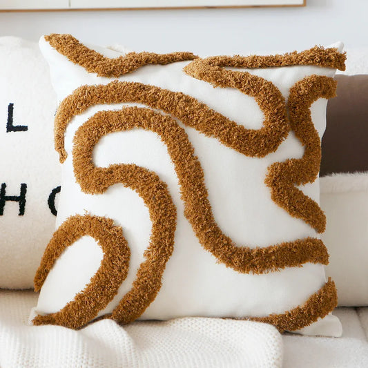 Vintage Nordic Tufted Throw Pillow Cover – Rust Fuzzy Squiggles for Boho Home