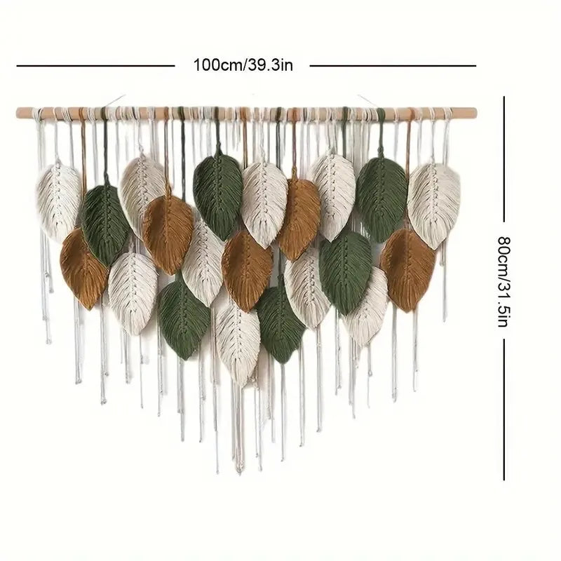 Macrame wall hanging with leaf patterns and measurements on a white background